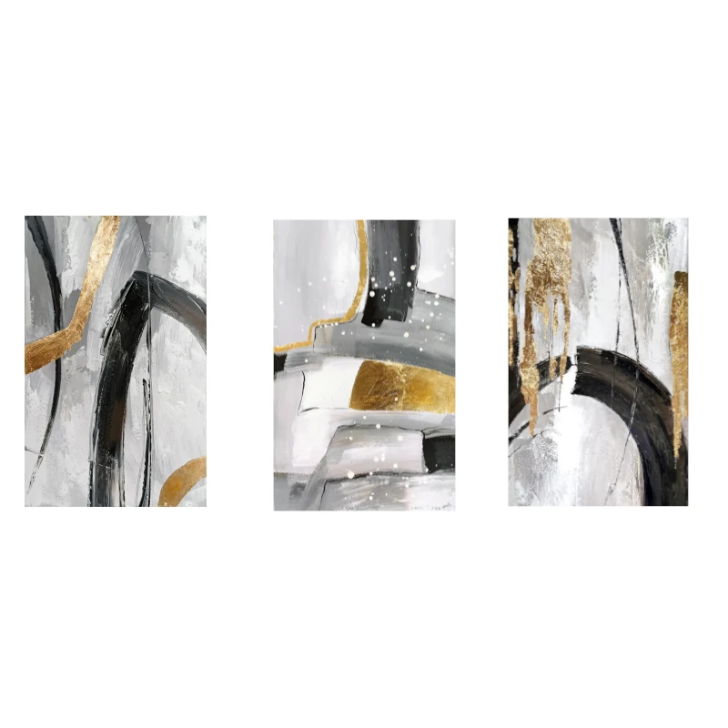 Set di 3 Quadri Golden Sign Dipinti Olio Su Tela - immagine 3